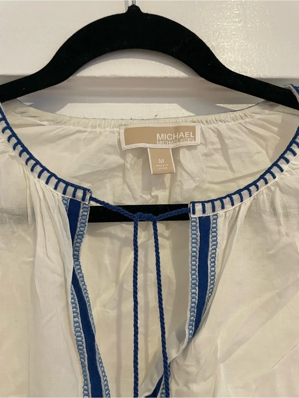 Michael Kors White Cotton Peasant Blouse with Blue Embroidery and Tassels